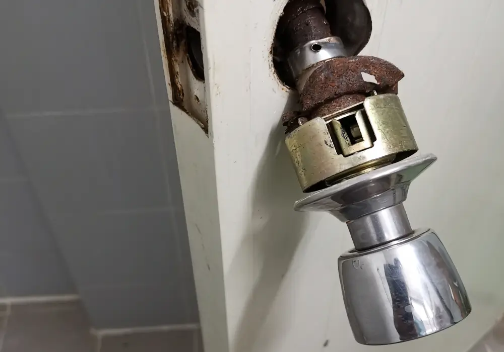 Damaged residential door lock being replaced by a locksmith