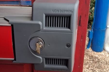 Von Duprin exit alarm lock installed on a commercial door in Temple, TX